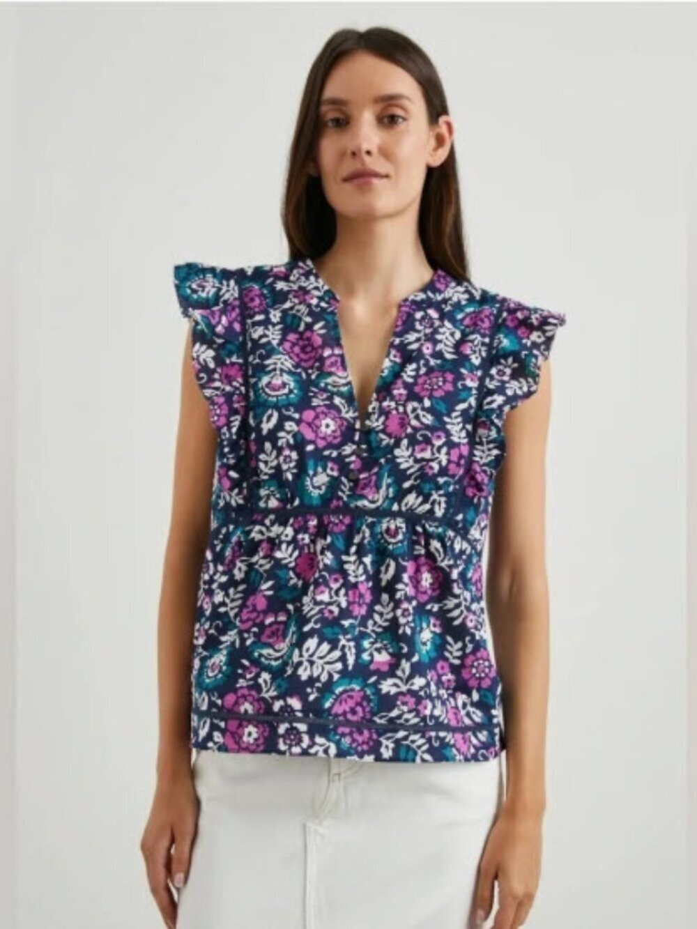 Rails Misha Woodblock Floral Top Flutter Sleeve Navy Size XS, NWT